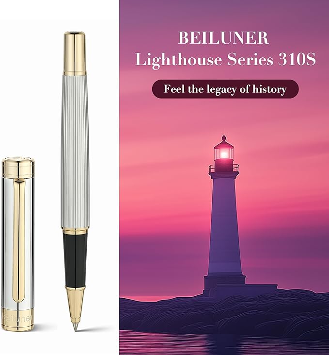 BEILUNER Lighthouse series Rollerball pen, Silver Chrome pen body, exquisite vertical lines, Schneider 850 refill, suitable for men, office, professionals, exquisite and chic designer pen