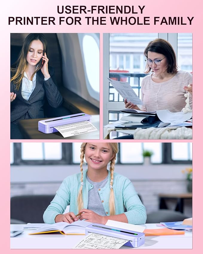 COLORWING Portable Printers Wireless for Travel, 300DPI Mini Compact Inkless Printer, Thermal Bluetooth Printer Compatible with Android and iOS Smartphone & Tablet & Laptop - Purple