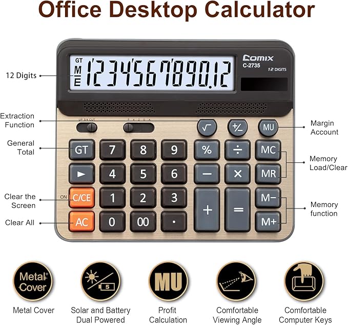 Comix Desktop Calculator, Large Computer Keys, 12 Digits Display, Champaign Gold Color Panel, C-2735