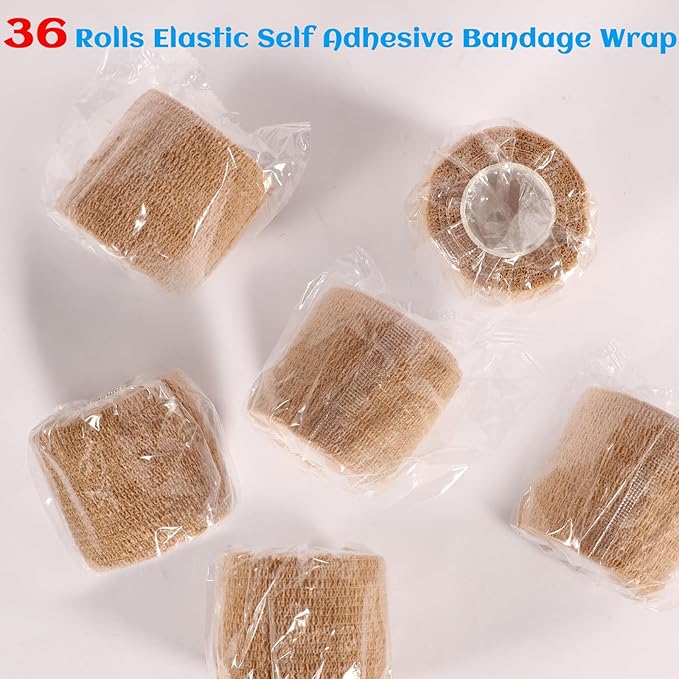 36 Rolls Elastic Self Adhesive Bandage Wrap 2 Inch, Breathable Non Woven Cohesive Bandage, Vet Wrap for Dogs, Ankle Sprains Swelling Medical First Aid Tape, Sports Athletic Tape Brown