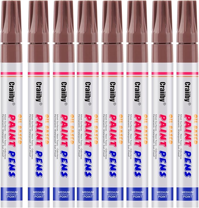 Brown Paint Markers, 8 Pack Oil-Based Waterproof Quick Dry Permanent Paint Pen Set for Rocks Painting, Wood, Fabric, Plastic, Canvas, Glass, Mugs, Metal, Tire, Stone, DIY Craft