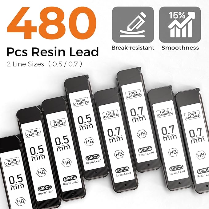 Four Candies 4PCS Metal Mechanical Pencils Set with Case, 0.5mm & 0.7 mm Artist Pencil with 8 Tubes (480PCS) HB Lead Refills, 3 Erasers,9 Eraser Refills For Writing Drafting, Drawing, Black&Silver