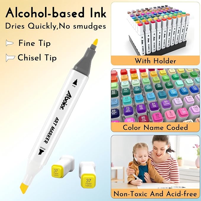 ABEIER Alcohol Markers, 60 Colors Dual Tip (Fine & Chisel) Art, Coloring Markers for Adults Kid, Ideal for Book Drawing Sketching Painting, Card Making, Includes 1 Colorless Blender