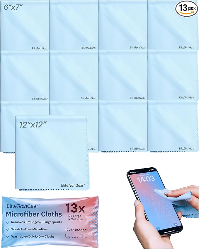 Elite Tech 13-Pack Microfiber Cloth Set - Washable Oversized Cleaner for Eyeglasses, Electronics, Screens & Lenses, Dual Sizes 6"x7" & 12" x12 - Microfiber Cleaning Cloth
