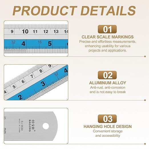 HARFINGTON 4pcs Metal Straight Ruler 15cm Metric SAE Aluminum Alloy Measuring Rulers Scale Tools with Hole for Measure Study Reading Classroom Office, Blue