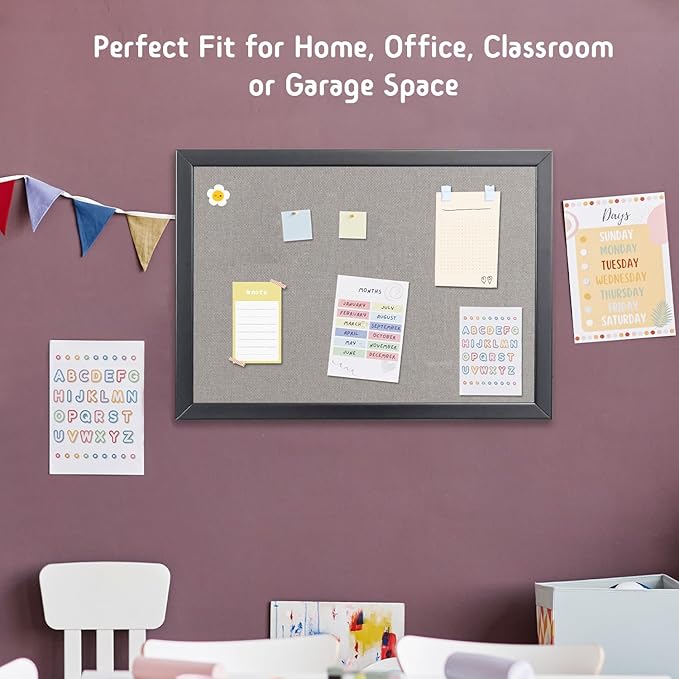 Bulletin Board 36 x 24 Inch, 100% Wood Framed Canvas Cork Board with Grey Fabric, Wall Mounted Notice Board for Home Office School