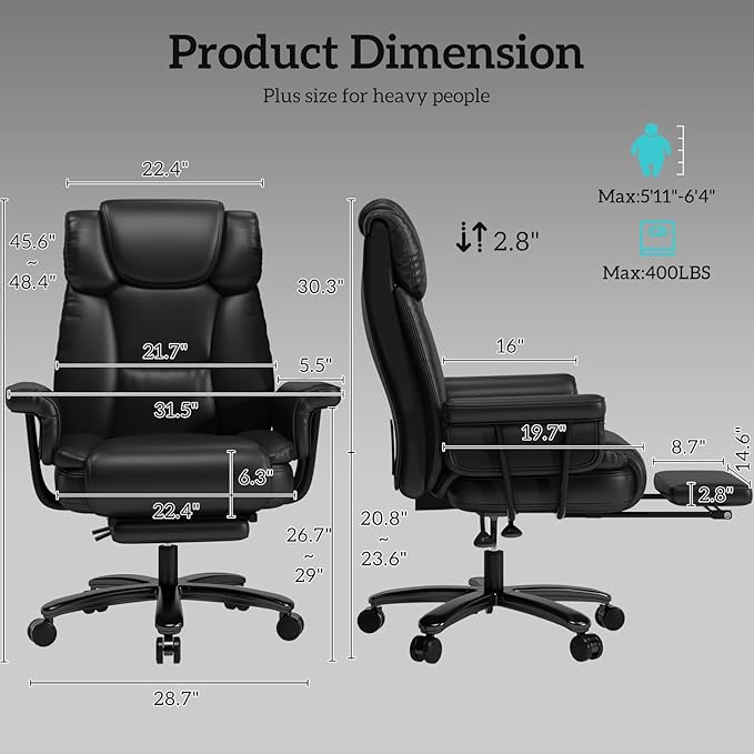 GYI Criss Cross Chair with Wheels, 160° Big and Tall Reclining Office Desk Chair with High Back, Wide Seat, Arms, Footrest, Black