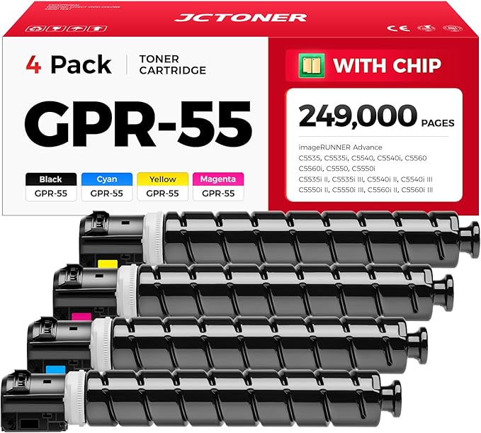 GPR55 GPR-55 High Yield Toner Cartridges Set 4-Pack Replacement for Canon GPR55 GPR-55 Toner Compatible for Canon imagerunner Advance C5535i C5540i C5550i C5560i Printers Ink Black Cyan Magenta Yellow