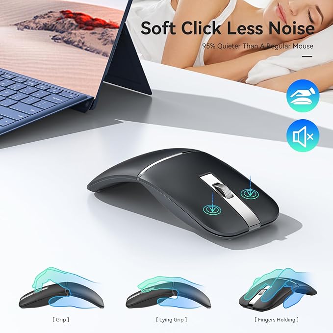 Bluetooth Wireless Arc Travel Mouse, Dual Model (2.4G+BT5.1) Rotating Foldable Mouse for Microsoft, Rechargeable Slim Portable Mice for Laptop, Notebook, PC, MacBook, Chromebook, Lenovo - Black