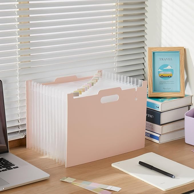 2-Piece Accordion Folder Manager, 12 Grid Expansion Pages, Portable Monthly Bill and Receipt Manager That Opens Upright, Colored Labels, School, Home, and Office letterhead/A4 Size, Pink