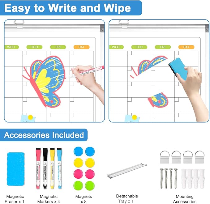 Dry Erase Calendar for Wall 4 Month, WALGLASS 36" x 24" Large Double-Sided White Board Calendar, Dry Erase Monthly Planner Board, Silver Aluminum Frame Hanging Wall Mounted for Office Home School