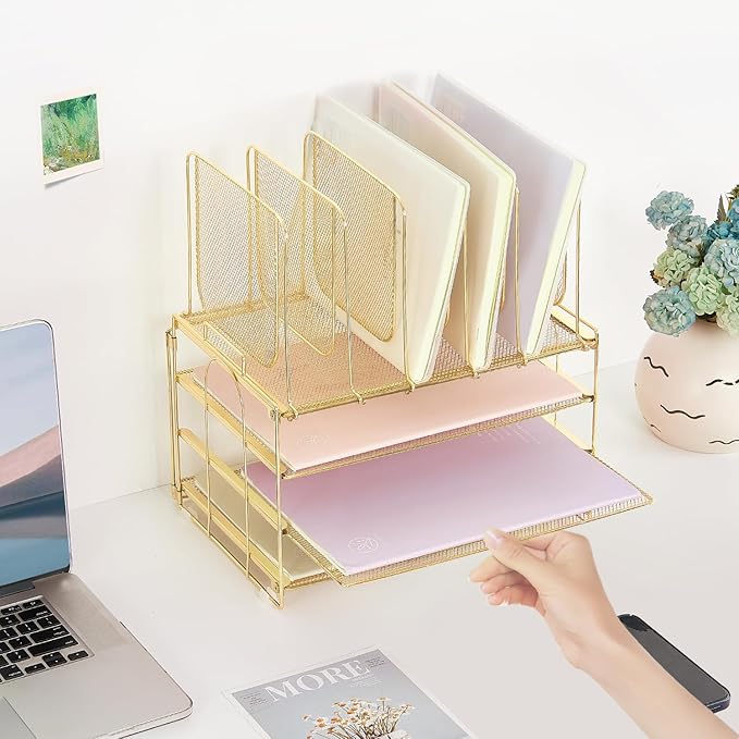 Desk Organizers and Accessories, 3-Tier Paper Organizer with 5 Vertical File Holders, File Organizer for Desk, Desk Accessories & Workspace Organizers (Gold, 3T)