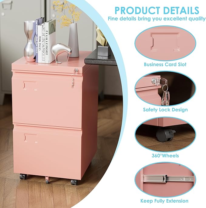 2 Drawer Mobile File Cabinet with Lock,Under Desk Metal Filing Cabinets for Home Office Fits Letters/Legal/A4 Size Folder, Assembly Required, Pink