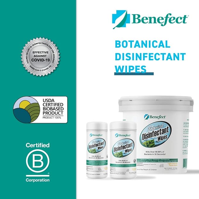 Benefect Botanical Disinfectant Wipes – 1,500 Sanitizing Wipes. 6 Pack of 250 Wipes Per Unit - High Traffic - Gym Wipes, Schools and Food Safe Cleaning (250, 6)