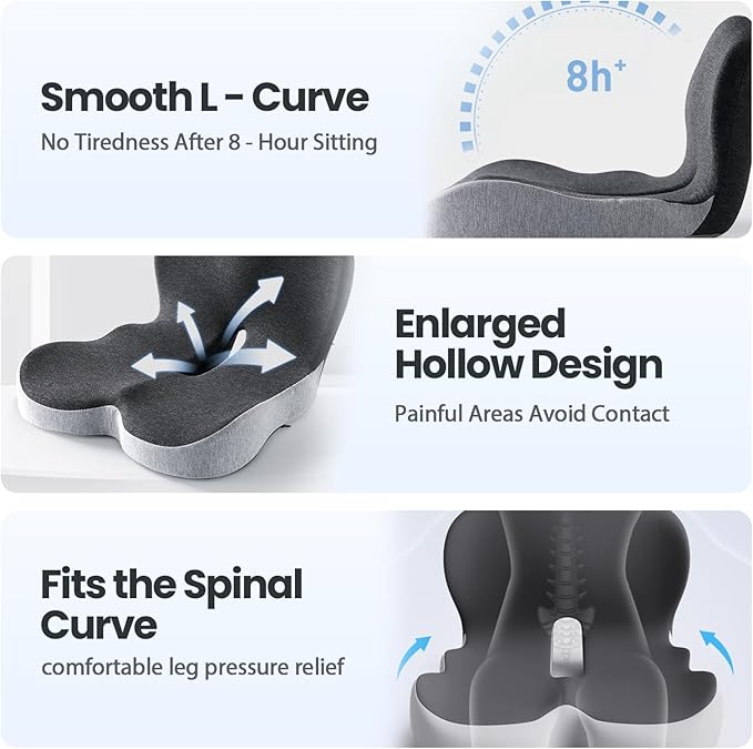 Back and Seat Cushion, 2025 New Ergonomic Non-Slip Memory Foam Seat Cushion with Back Support, L-Shaped Breathable Seat Cushions for Car, Office, Home (Dark Gray)