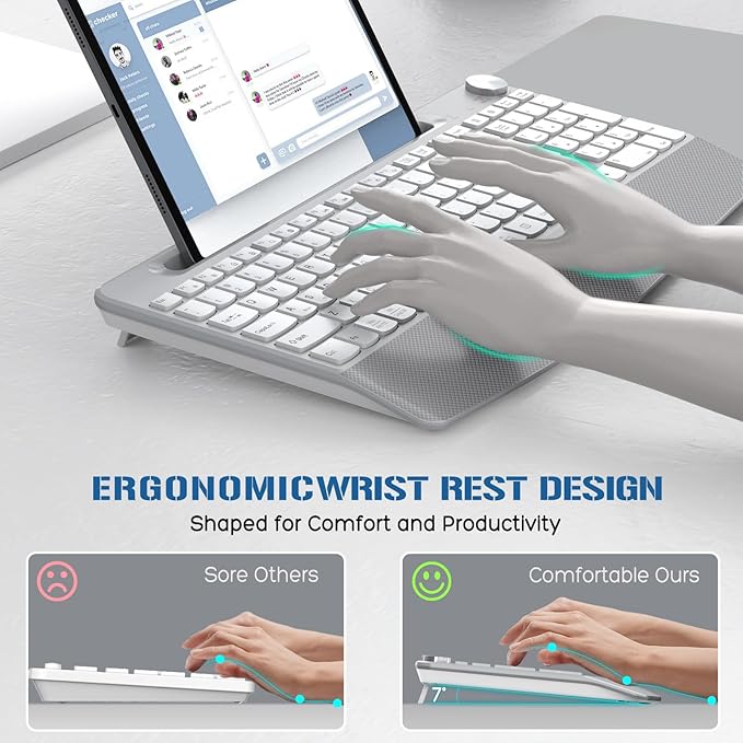 Ergonomic Wireless Keyboard with Wrist Rest-Low-Profile,Phone/Tablet Holder,Quiet Design，Windows & Mac OS，Full Size Cordless USB Computer Keyboard for Desktop,Laptop, PC, Mac, Windows-White