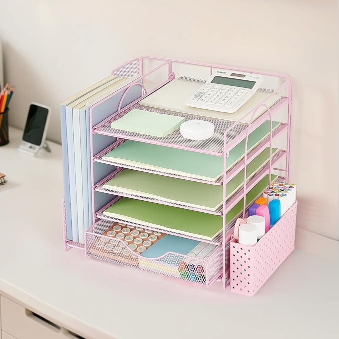 Desk Organizer with Drawer and Pen Holder, 5-Tier Paper Letter Tray Organizer with File Holder, Suitable for Workspace Organizer Office Supplies Storage (Pink)