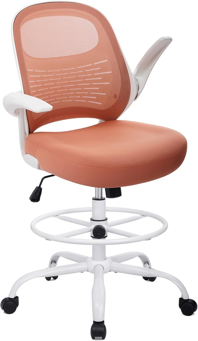 HYLONE Tall Drafting Chair Standing Desk Chair with Flip-Up Armrests, Adjustable Height Ergonomic Office Chair with Footrest Ring - High Stool Chair for Standing Desk (Pink)