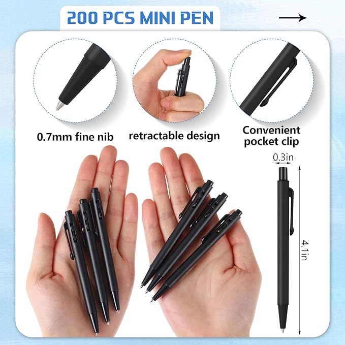 Geyoga 200 Pcs 4'' Mini Black Pens Bulk 0.7 mm Fine Point Small Retractable Ballpoint Pens with Clip for Notebook School Office(Black)