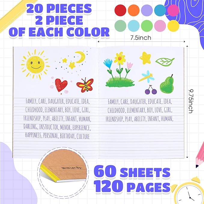 Henoyso 20 Pcs 120 Pages Primary Composition Notebooks K-2, Primary Journal Grades K-2, Writing Journal Practice Notebook for Kids in Preschool, Kindergarten, Back to School Supplies (Stylish)