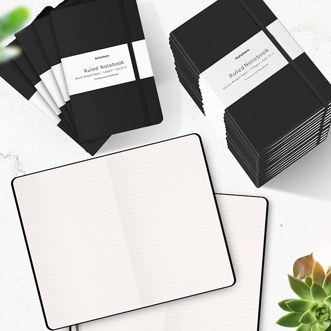 Huhuhero Lined Notebook Journal, 120Gsm Thick Paper College Ruled Journal, Hardcover Notebooks for Work School Note Taking, Office School Supplies 5"×8.25" (3, Black)