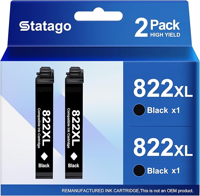 822XL Ink Cartridges Remanufactured Replacement for Epson 822 822XL T822 Ink Cartridge, 822xl Black Combo Pack for Workforce Pro WF-3820 WF-4833 WF-4830 WF-4820 Printer (2 Black)