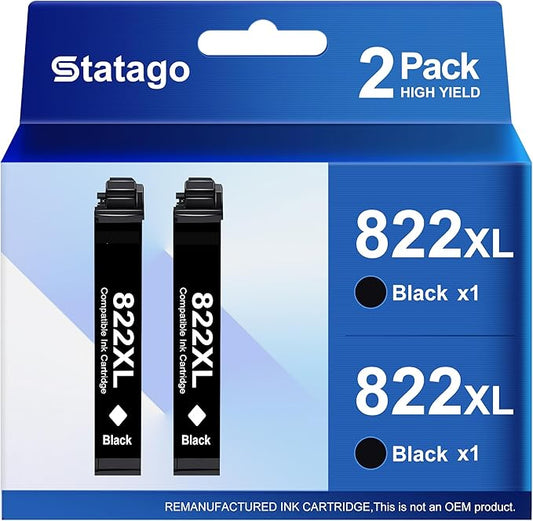 822XL Ink Cartridges Remanufactured Replacement for Epson 822 822XL T822 Ink Cartridge, 822xl Black Combo Pack for Workforce Pro WF-3820 WF-4833 WF-4830 WF-4820 Printer (2 Black)