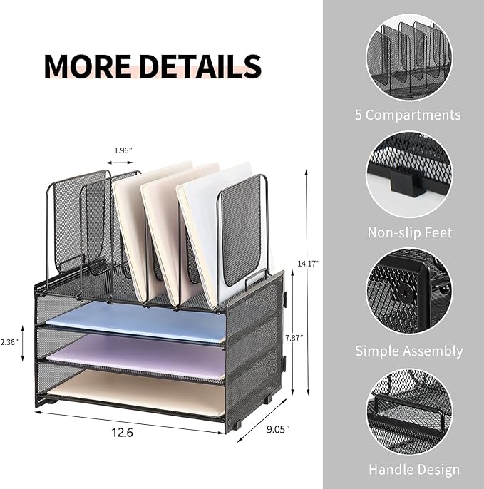 Desk Organizers and Accessories, 3-Tier Paper Organizer with 5 Vertical File Holders, File Folder Organizer (Black, 3T)