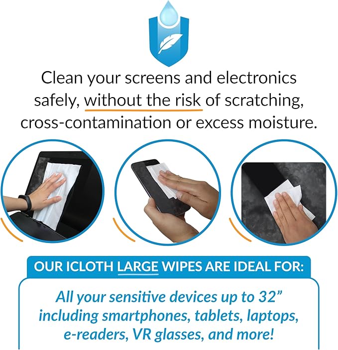 iCloth Large Screen Cleaning Wipes for Electronics, Lint-Free and Streak-Free, Fast-Drying, Removes Dust, Fingerprints, and Smudges (500 Wipes)