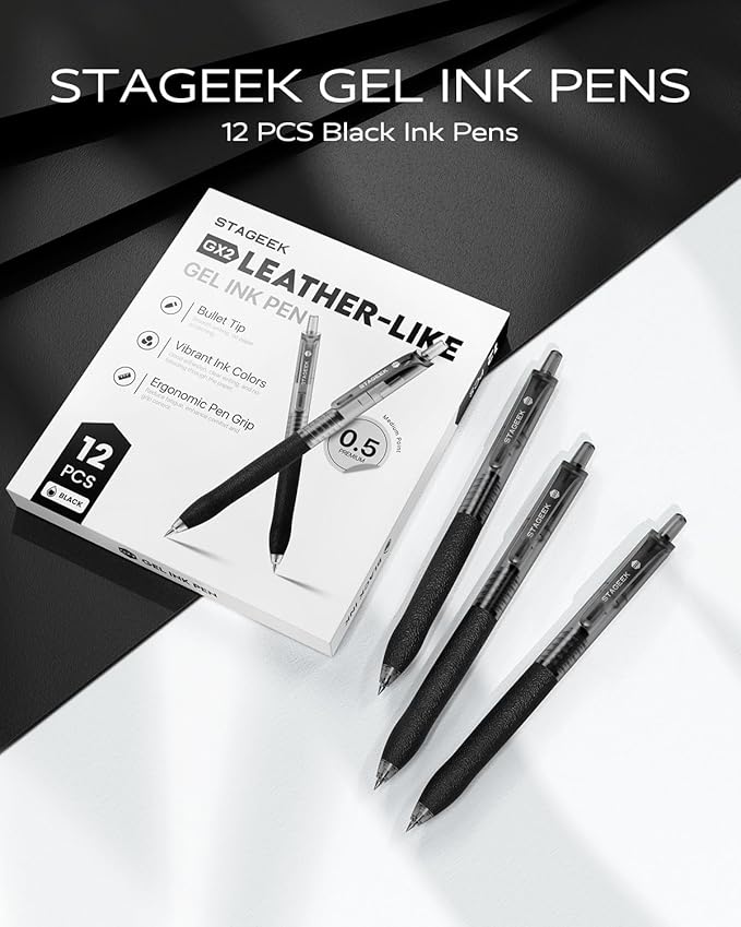 0.5mm Gel Pens Fine Point Smooth Writing Pens, 12PCS Black Ink Pens, Retractable Leather-Like Black Gel Pens, Business Gel Pen for Journaling, Writing, School, Office Use (Black)