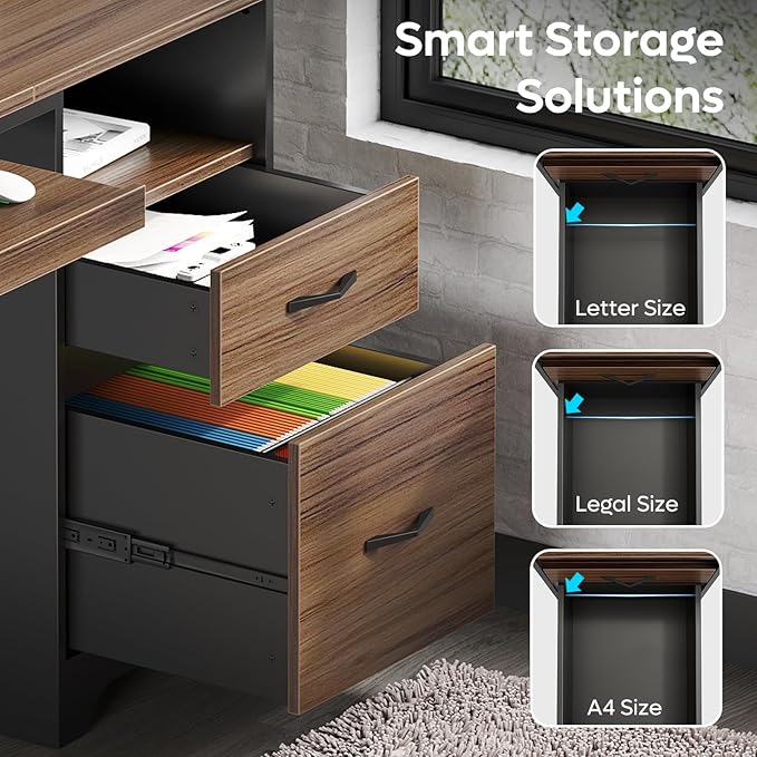 Bestier 48” Computer Desk with Drawers, Office Desk with Storage, Industrial Wood Writing Desk with File Drawer, Keyboard Tray & 2 Hooks for Home Office & Studio, Cherry