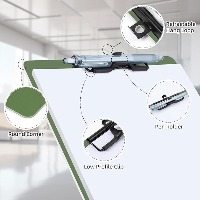 Clipboard with Pen Holder, 6 Pack Plastic Clipboard with Low Profile Metal Clip, Hanging Clip Boards Holds 8.5x11 Inch Papers, Standard A4 Letter Size Clip Boards for Offices & School, Green