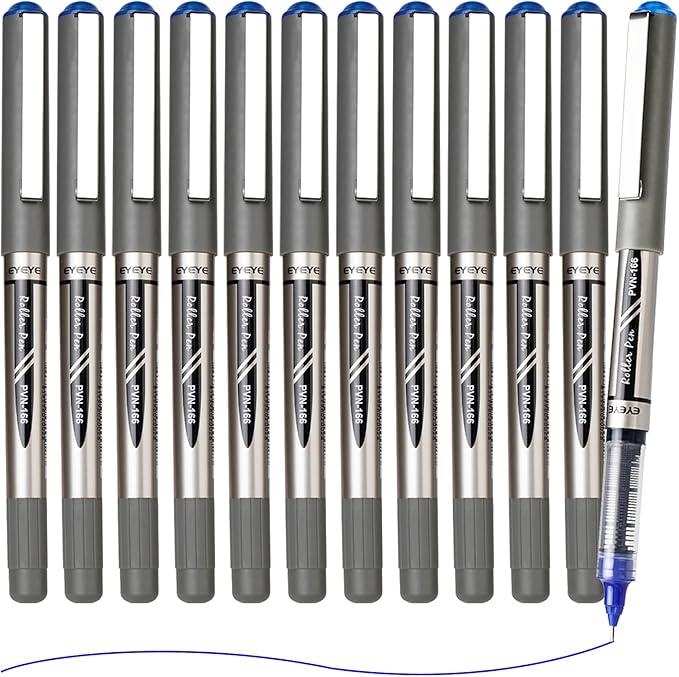 EYEYE Blue Pens Needle Tip 12 Pack Rollerball Pen 0.7mm Medium Point Quick Dry, Liquid Ink Pens Fine Point Smooth Writing Pen for Journaling, Note Taking, Office, School Supplies