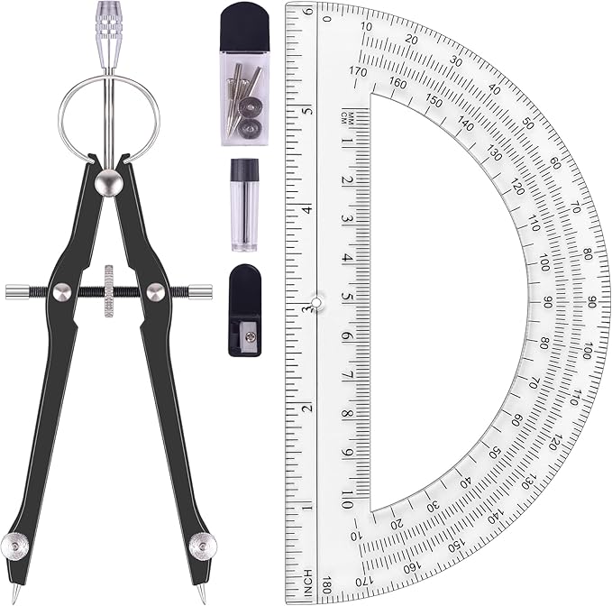 Compass and Protractor Set, Professional Drawing Compass Tool, Metal Compass with Extra Refills, Compass for Geometry and 6 Inch Math Protractors 180 Degree (Black)