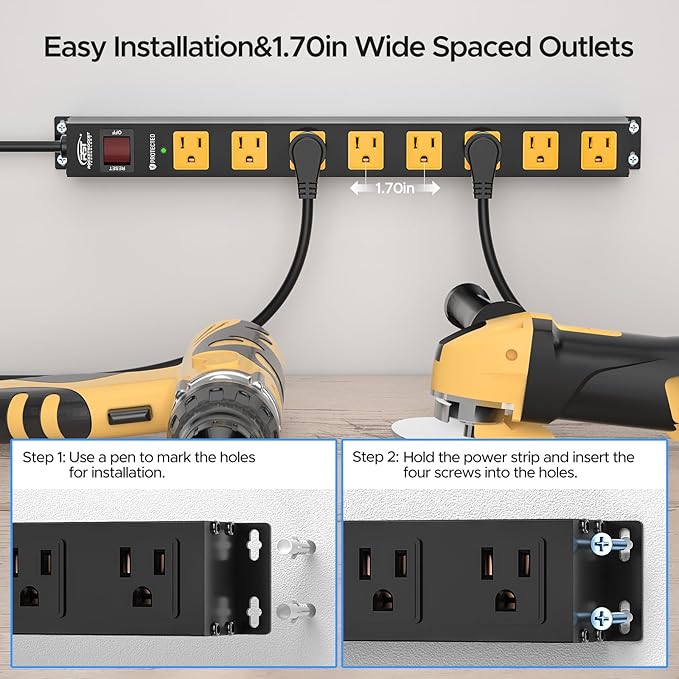 CRST 2 Pack 8 Outlet Metal Heavy Duty Power Strip with Switch, 2100J Surge Protector, Mountable Wide Spaced Workshop Garage Power Strip, 6 FT 14AWG, 15A/1875W
