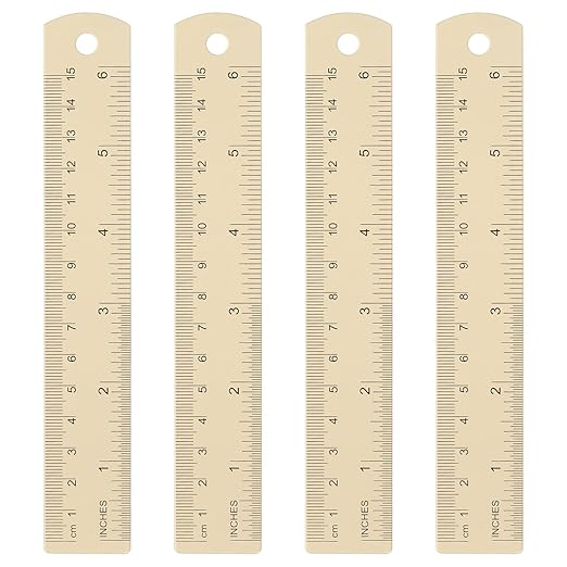 HARFINGTON 4pcs Metal Straight Ruler 15cm Metric SAE Aluminum Alloy Measuring Rulers Scale Tool with Hole for Measure Study Reading Classroom Office, Beige