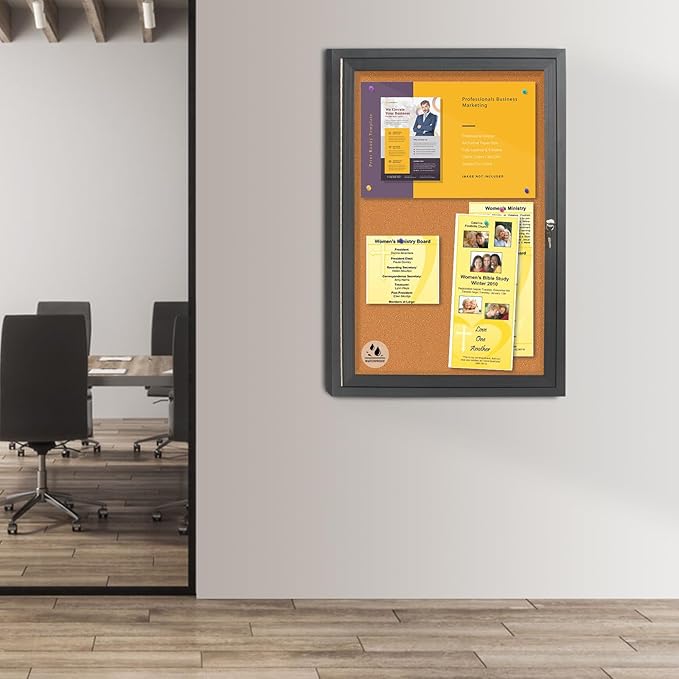 Enclosed Bulletin Board,Outdoor Weatherproof Cork Noticeboard with Locking Door, Wall-Mounted Black Aluminum Frame,Display Case Message Board for Office Home,36x24 Inch (5xA4)