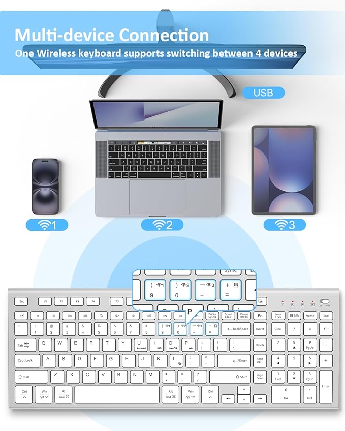FENIFOX Wireless Keyboard, Bluetooth + USB Ergonomic Silent Quiet Rechargeable with Number Pad Compact Full Size Multi Device Keyboards for iPad Tablet Mac Computer Surface PC MacBook Laptop Silver