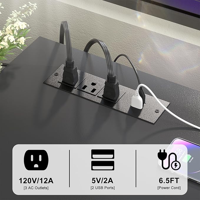 Homieasy L Shaped Desk with File Cabinet & Power Outlet, Reversible 55 Inch Large Corner Computer Desks with LED Strip, L-Shaped Computer Desk with Drawers and Storage Shelves, Black