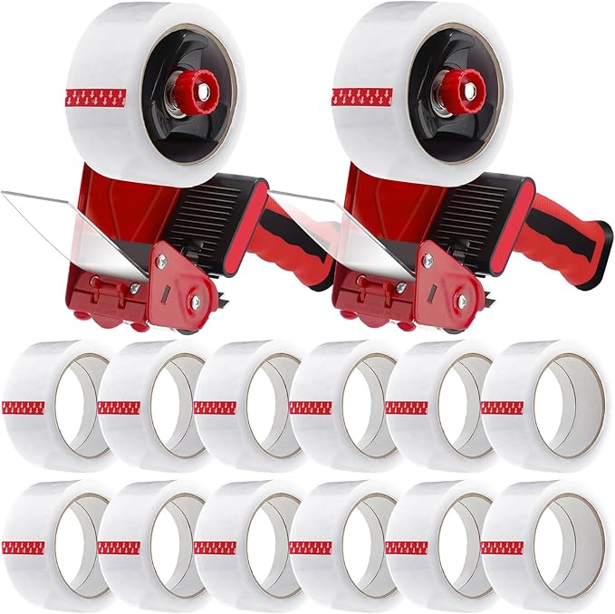 2 Pack Packing Tape Dispenser Gun with 12 Roll Packing Tape 2 Inch Gun 2.7 Mil Heavy Duty Packaging for Shipping, Moving, Carton and Box Sealing(Black and Red)
