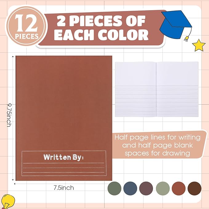 Henoyso 12 Pcs Primary Composition Notebook K-2 9 3/4 x 7 1/2 Inch Primary Journal, Back to School Supplies, Bulk Blank Writing Book for Kid to Write Draw Journal 60 Page Notebooks (Boho Color)