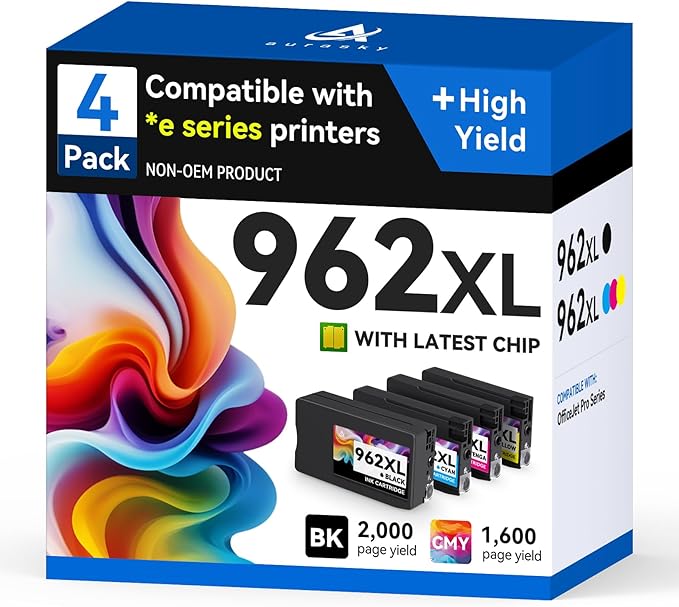 962xl Ink cartridges Compatible for HP 962 XL HP962XL Ink Combo Pack Work with HP Office Jet Pro 9010 9010e 9015e 9018e 9020 9020e 9025 9025e Series (4 Pack kcmy)