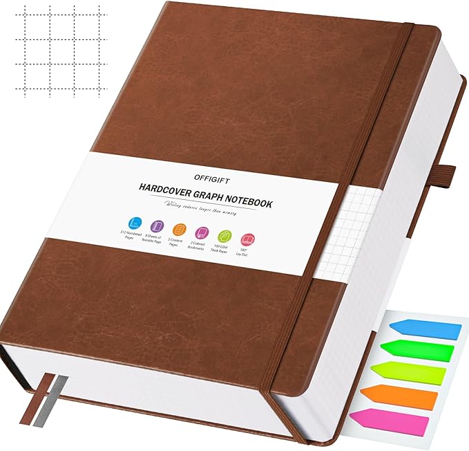 Graph Paper Notebook, 312 Numbered Pages Large A4 Hardcover Leather Journal, 100gsm No Bleed Grid Paper Notebook with Index Pages, Squared Grid Notebook for Graphing Notes Math, 8.5'' × 11'', Brown