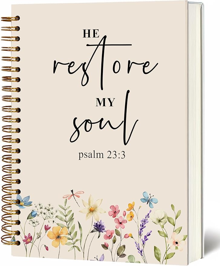 Bible Notebook, A5 Spiral Christian Journal with Floral Pink Butterfly Notebook, Bible Verse-He Restores My Soul, Inspirational Notebooks for Women, Bible Study, Gift for Birthday Christmas