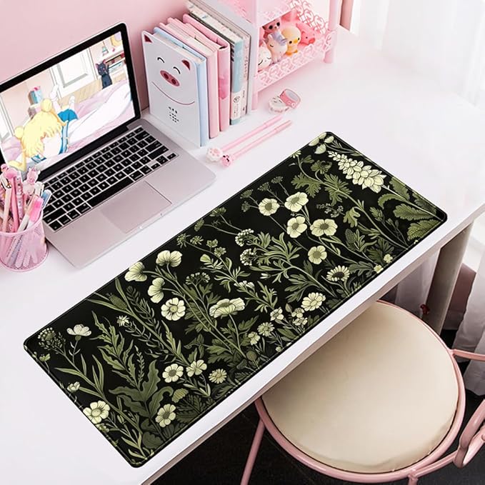 Floral Green Plant Mouse Pad Aesthetic Vintage Desk Pad Black Extended Mouse Pad Large Desk Mat for Desktop Keyboard Pad and Office Home Work Mouse Pad XXL Laptop Computer Mat 31.5 X 11.8 in