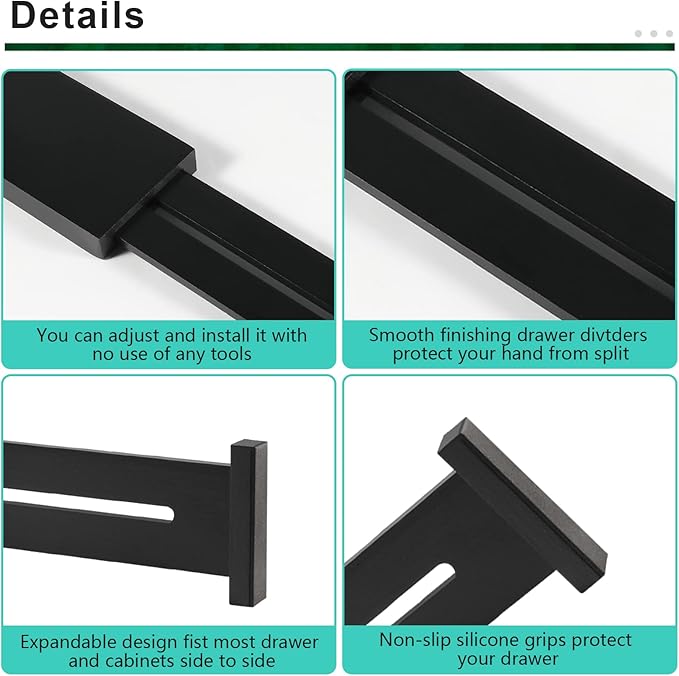 4 Pack Bamboo Drawer Dividers, Adjustable Length from 12 Inch to 17 Inch, Expandable Kitchen Drawer Organizer, Drawer Organization Separators for Clothes, Kitchen, Bedroom, Dresser, Office (Black)