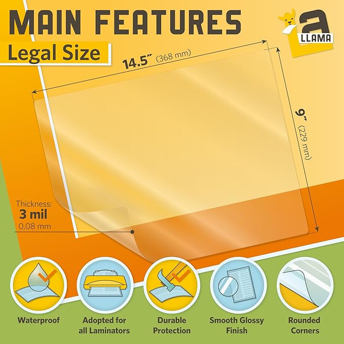 50 Pack Thermal Laminating Pouches 9” x 14.5”, 3 Mil Thick, Suited for Legal Size Laminating Sheets 8.5 x 14