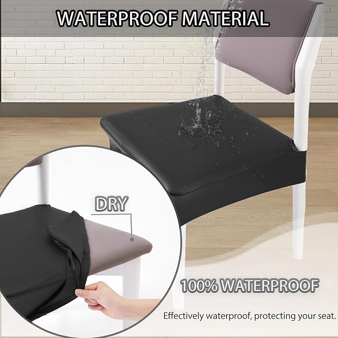 CWK Waterproof PU Leather Dining Chair Covers Set of 2-Stretchable Chair Seat Slipcovers, Removable & Washable Protector for Dining Room,Home,Office,Wedding,Rear Covers (PU-Black)