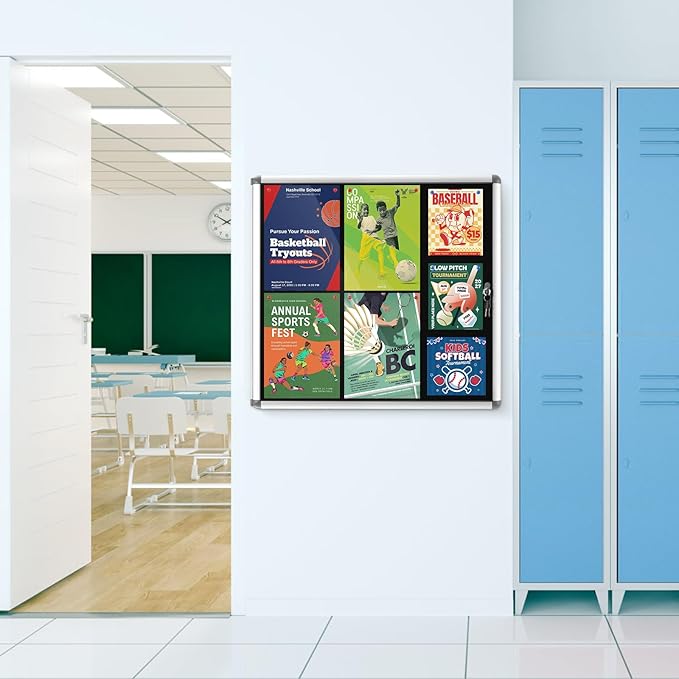 Enclosed Bulletin Board Lockable Display Case Message Board with Locking Door for Indoor, Black Felt, Silver Aluminum Frame, 26x20inch(4XA4)