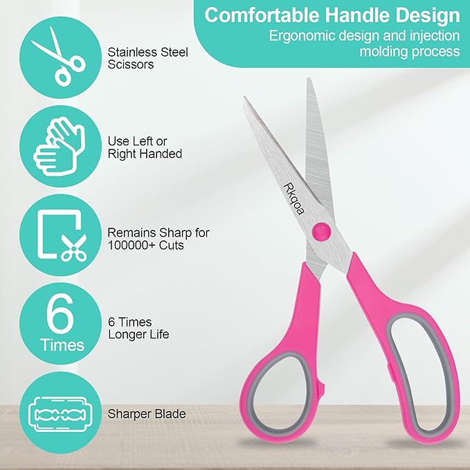 Black 6 Scissors Pack, Rkqoa 8" All Purpose Scissor - High Performance and Designed for Everyday use, Stainless Steel Shears Set with Comfort Grip, Right/Left Handed